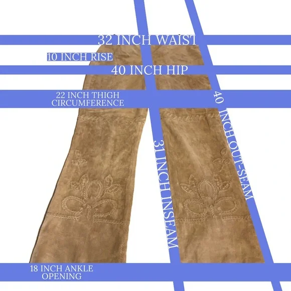 MARGARET GODFREY TAN SUEDE WHIP STITCH W/FLORAL DESIGN FLARE LEG PANTS (10) - Picture 13 of 14